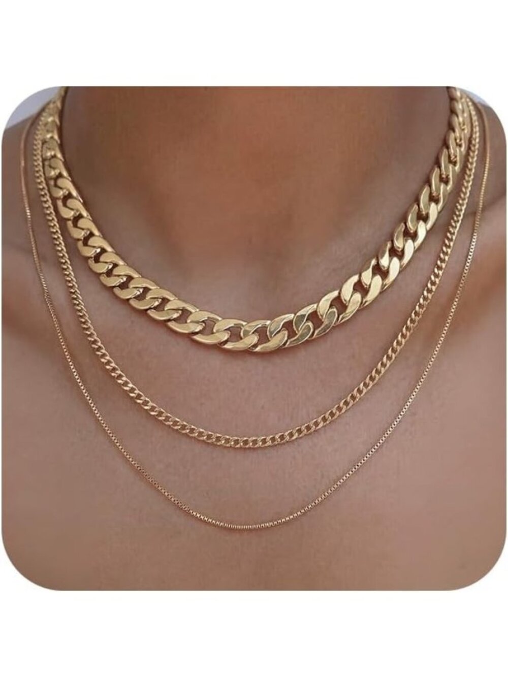Women's Chunky Cuban Gold Non Tarnish Chunky 14k Gold Plated Layered Necklaces